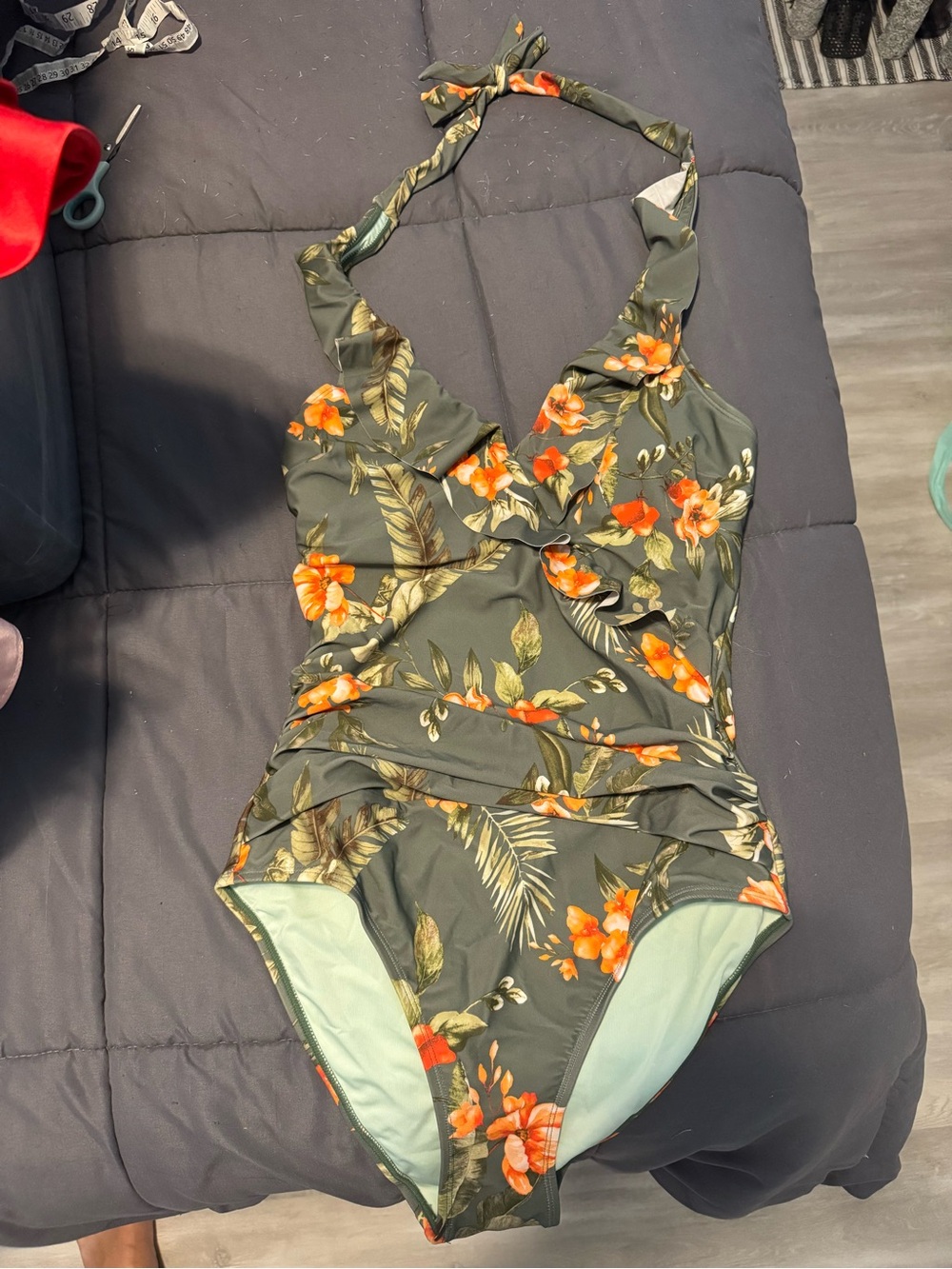 Cupshe Olive Green Floral Halter One-Piece Swimsuit